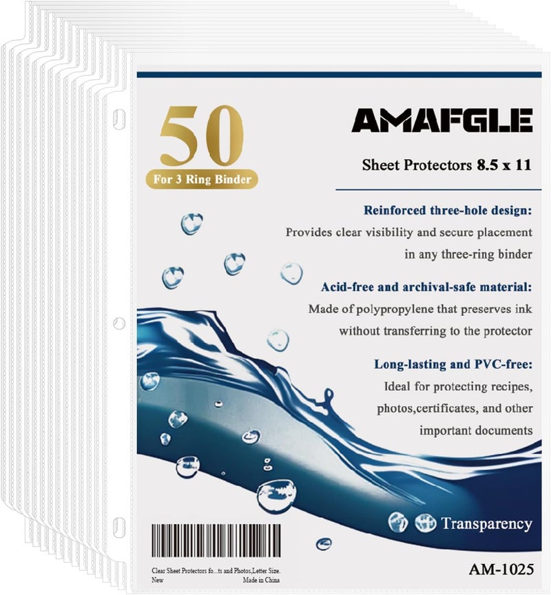 Amafgle Clear Sheet Protectors for 3 Ring Binder, Plastic Sleeves for Paper 8.5x11, Heavy Duty Page Protectors for 3 Ring Binder, Top Loading Paper Protector for Documents and Photos,Letter Size. - Image 1
